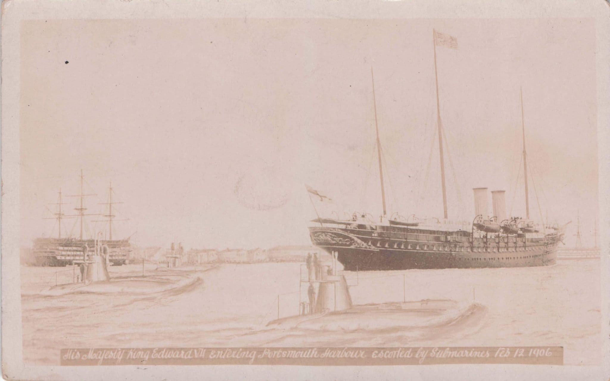 King Edward VII Portsmouth Harbour 1906 Ship Submarines Old RPC Postcard