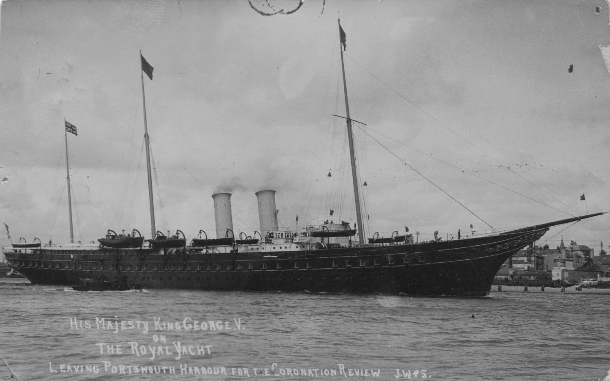 King George On Royal Yacht Leaving Portsmouth Ship Coronation Review Postcard