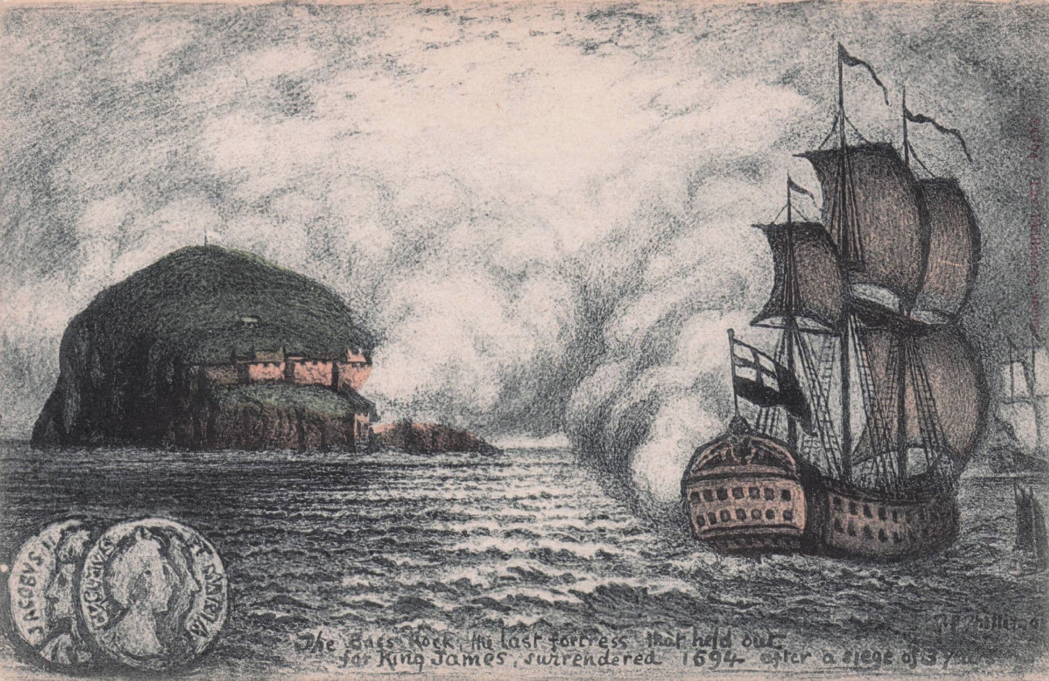 King James Ship Surrender Phillimore Old Bass Rock Scottish Postcard