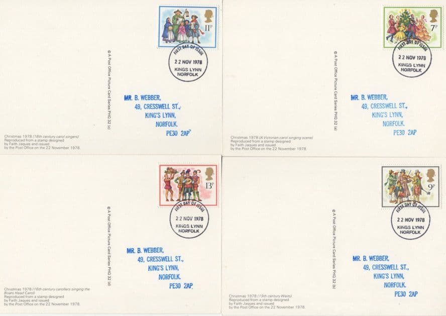 Kings Lynn Christmas 1978 PHQ First Day Cover 4x Postcard Set