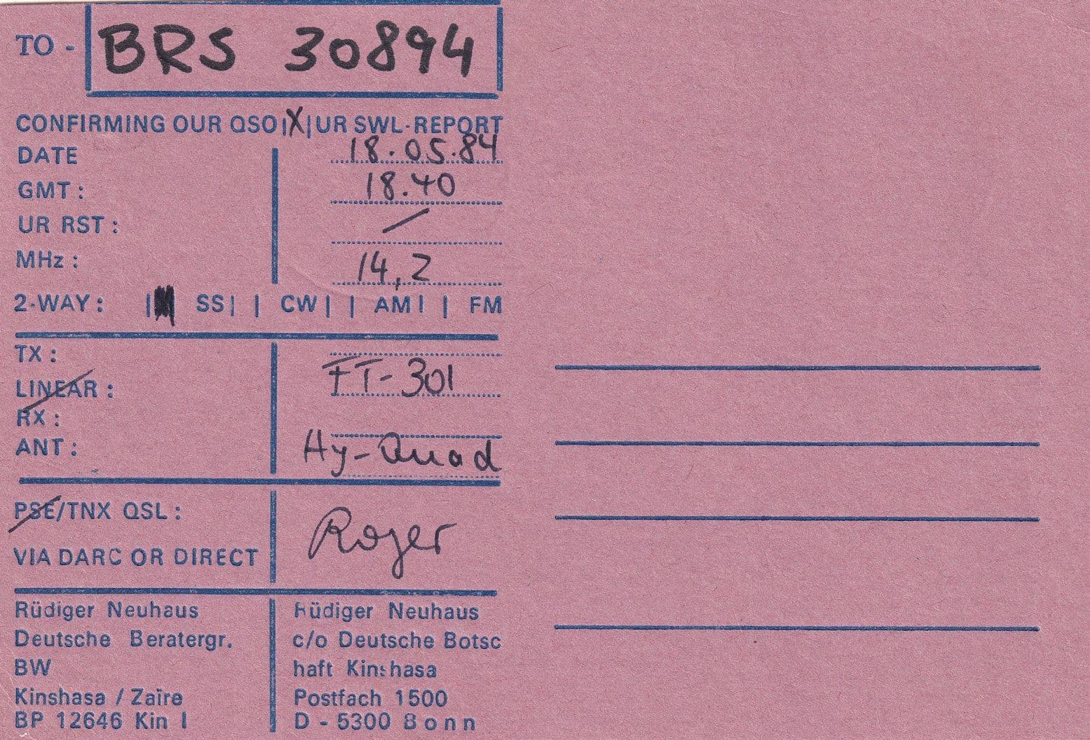 Kinsaha The Congo Zaire Amateur Radio QSL Card
