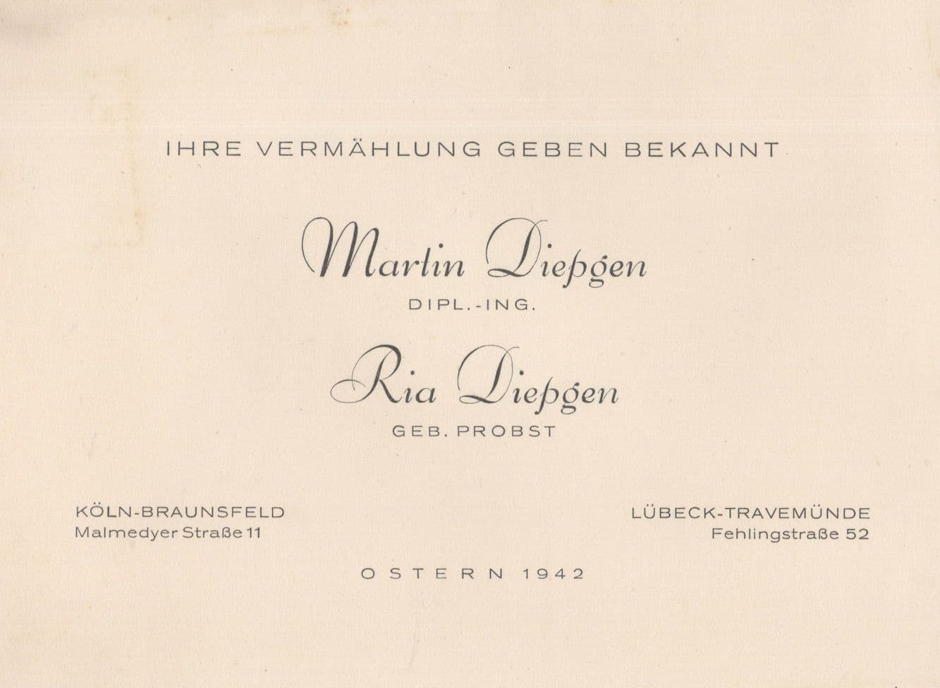 Koln Lubeck 1942 German WW2 Business Card Ephemera