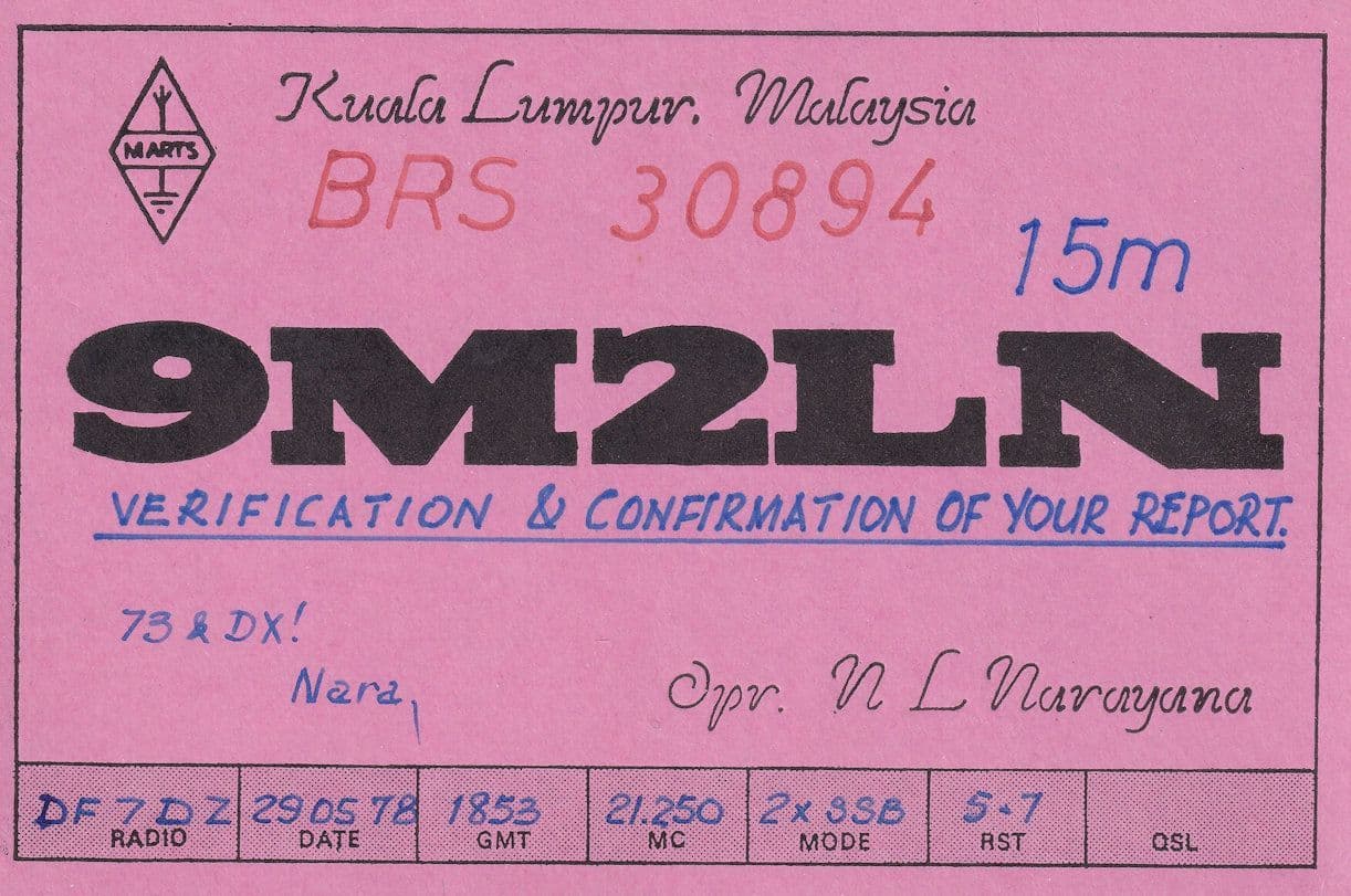 Kuala Lumpur Malaysia 1970s QSL Amateur Radio Report Card