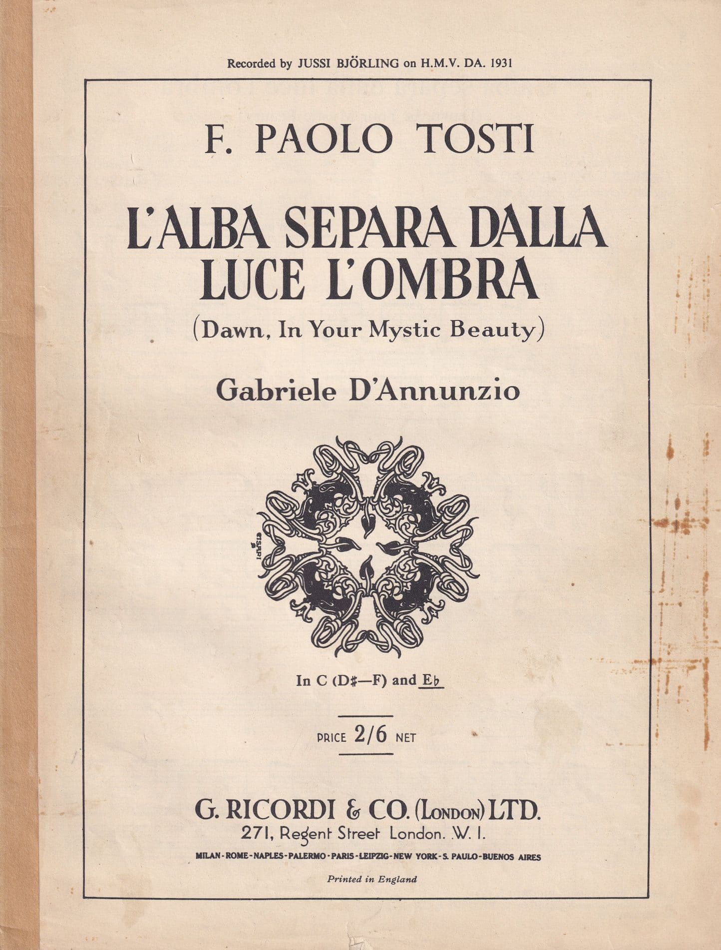 L'Alba Separa Dalla Luce L'Ombra F Paolo Tosti Caruso Classical Sheet Music
