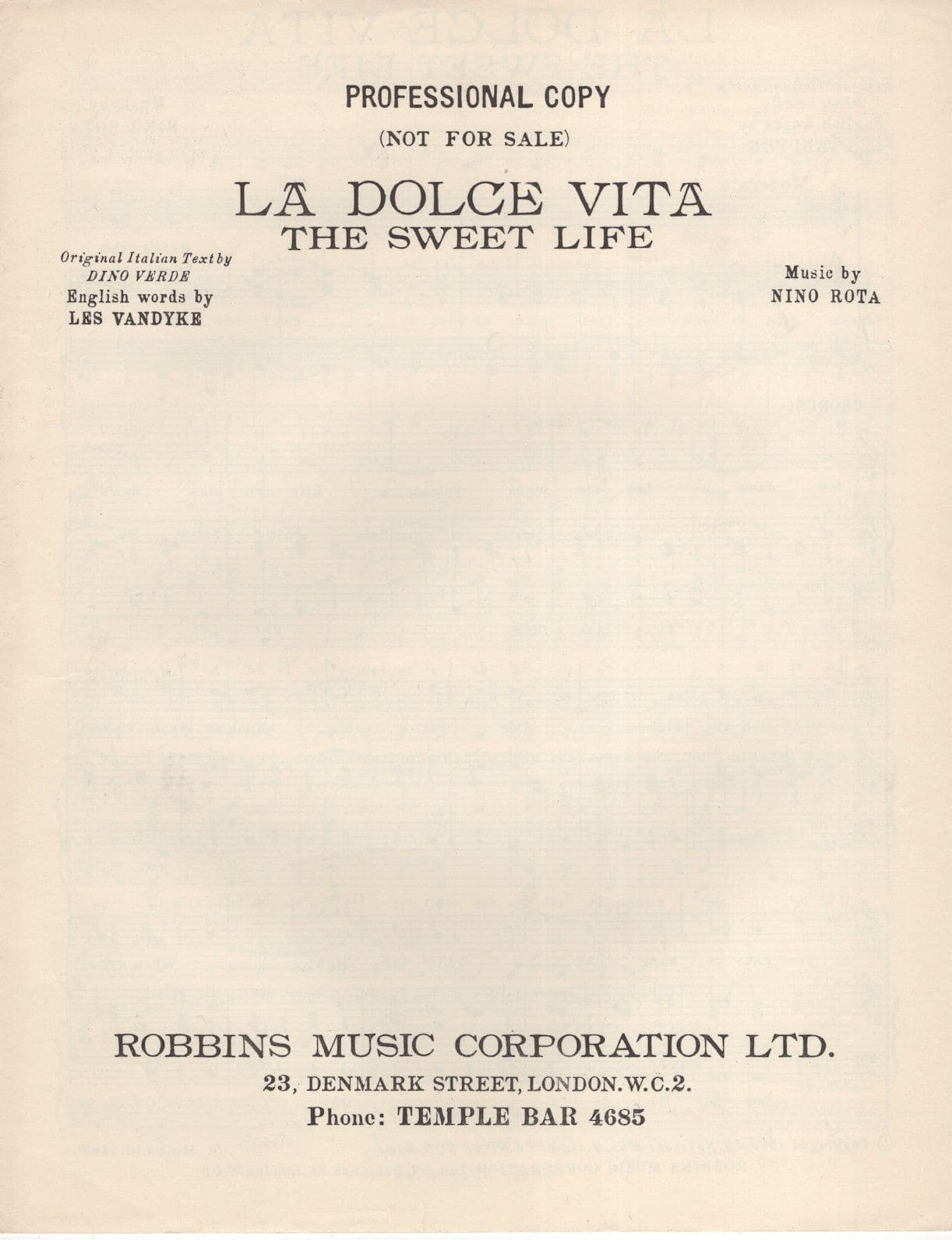 La Dolce Vita Nino Rota Professional Copy Mint Sheet Music