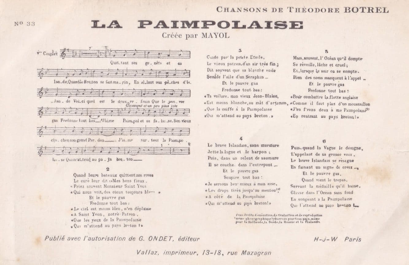 La Paimpolaise Botrel Music of Brittany Antique French Postcard