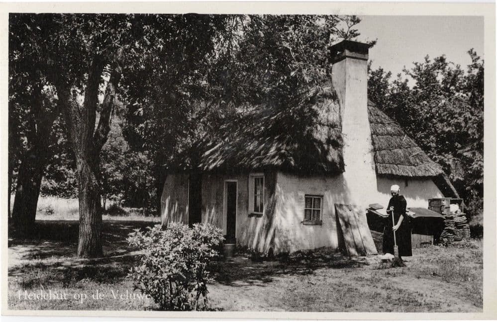 Lady Broom Sweeping Gelderland Veluwe Heidehut Holland RPC Postcard