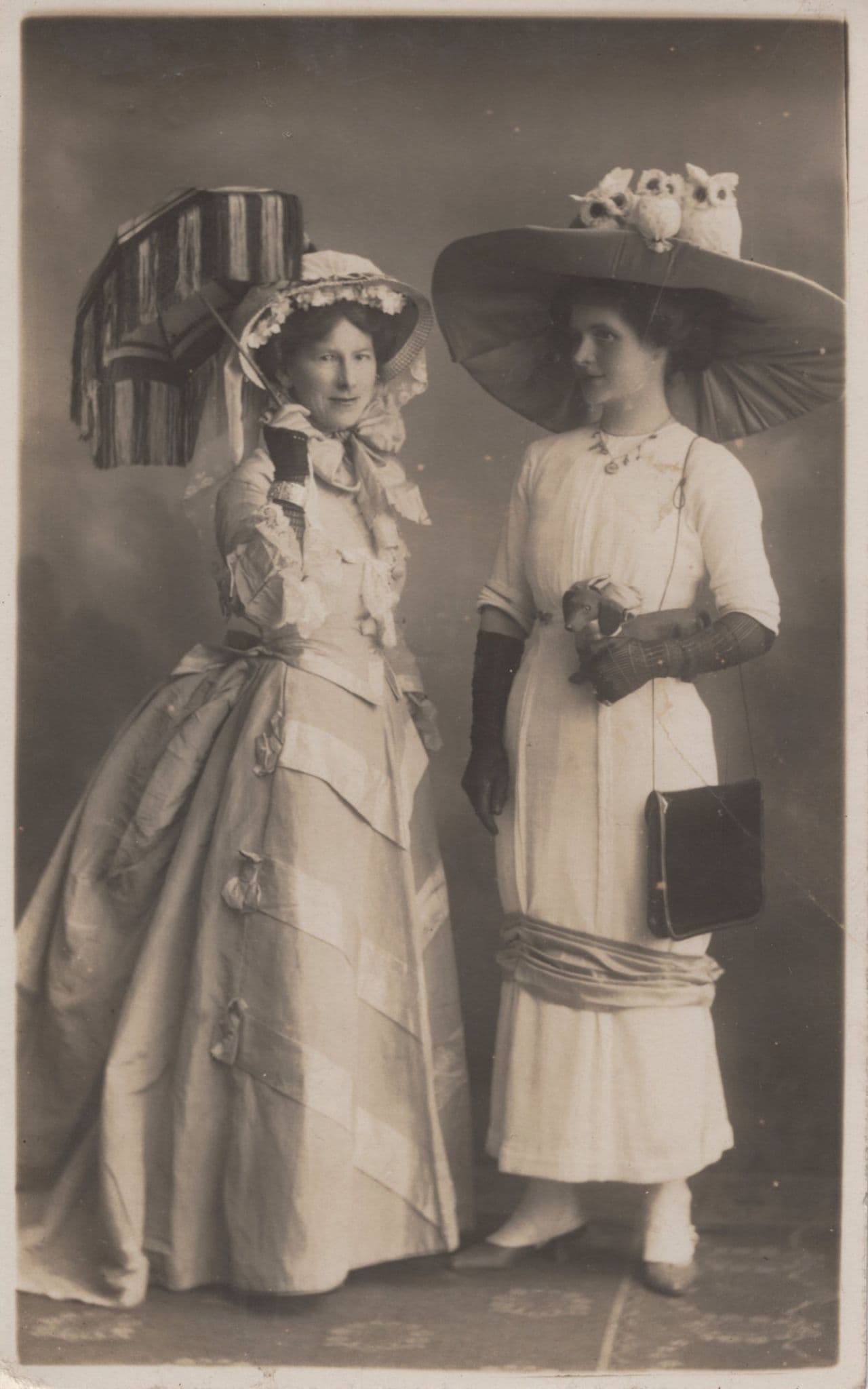 Lady Fashion Owls Animals In Her Hat Hand Signed Old Postcard
