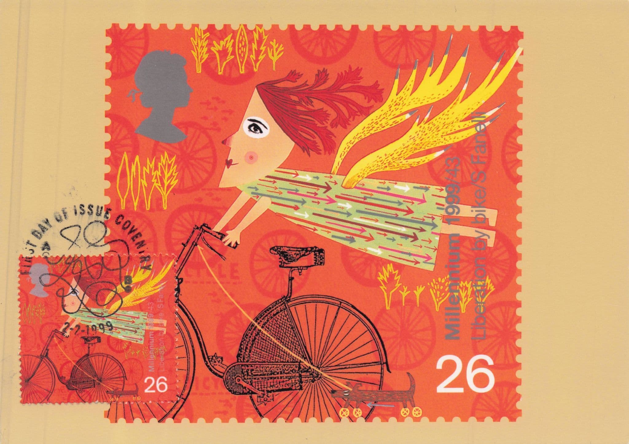 Lady Flying On Bicycle Painting Royal Mail First Day Cover Postcard
