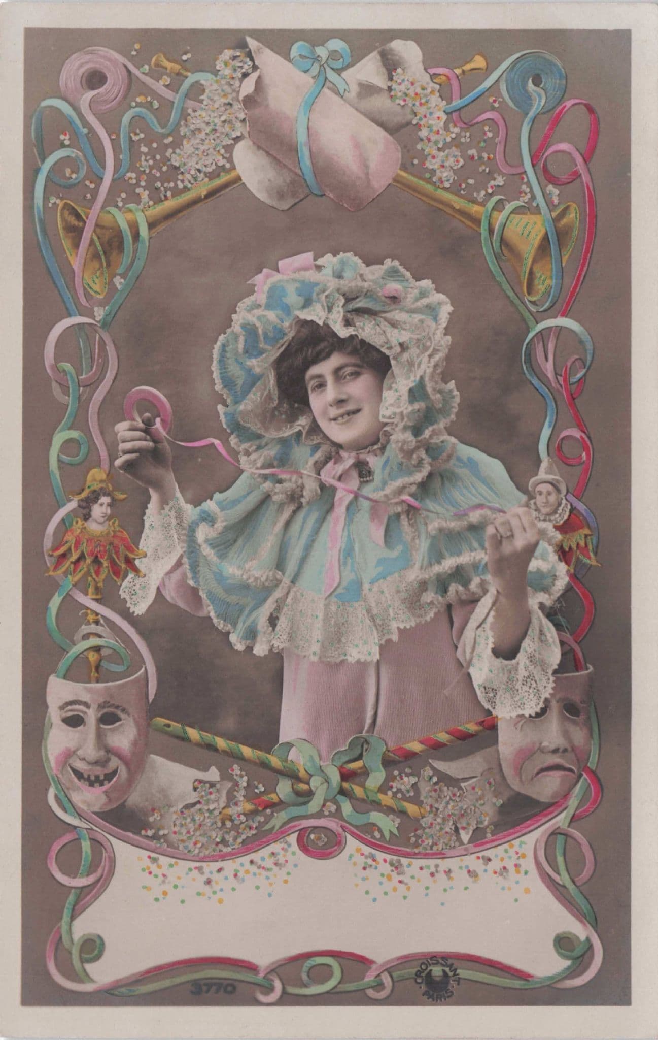 Lady Glamour Drama Mask Toy Puppet Glamour France Secret Code Old Postcard