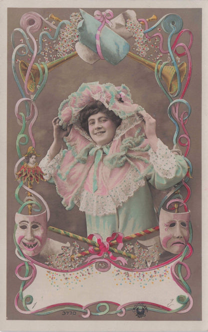Lady Glamour Drama Mask Toy Puppet Glamour Secret Code Rare Old Postcard