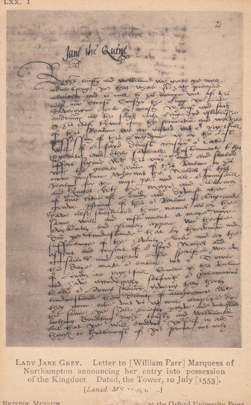 Lady Jane Grey Letter To William Parr Northampton Old Exhibit Postcard