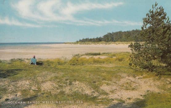 Lady Leaning at Holkham Sands Norfolk 1970s Postcard