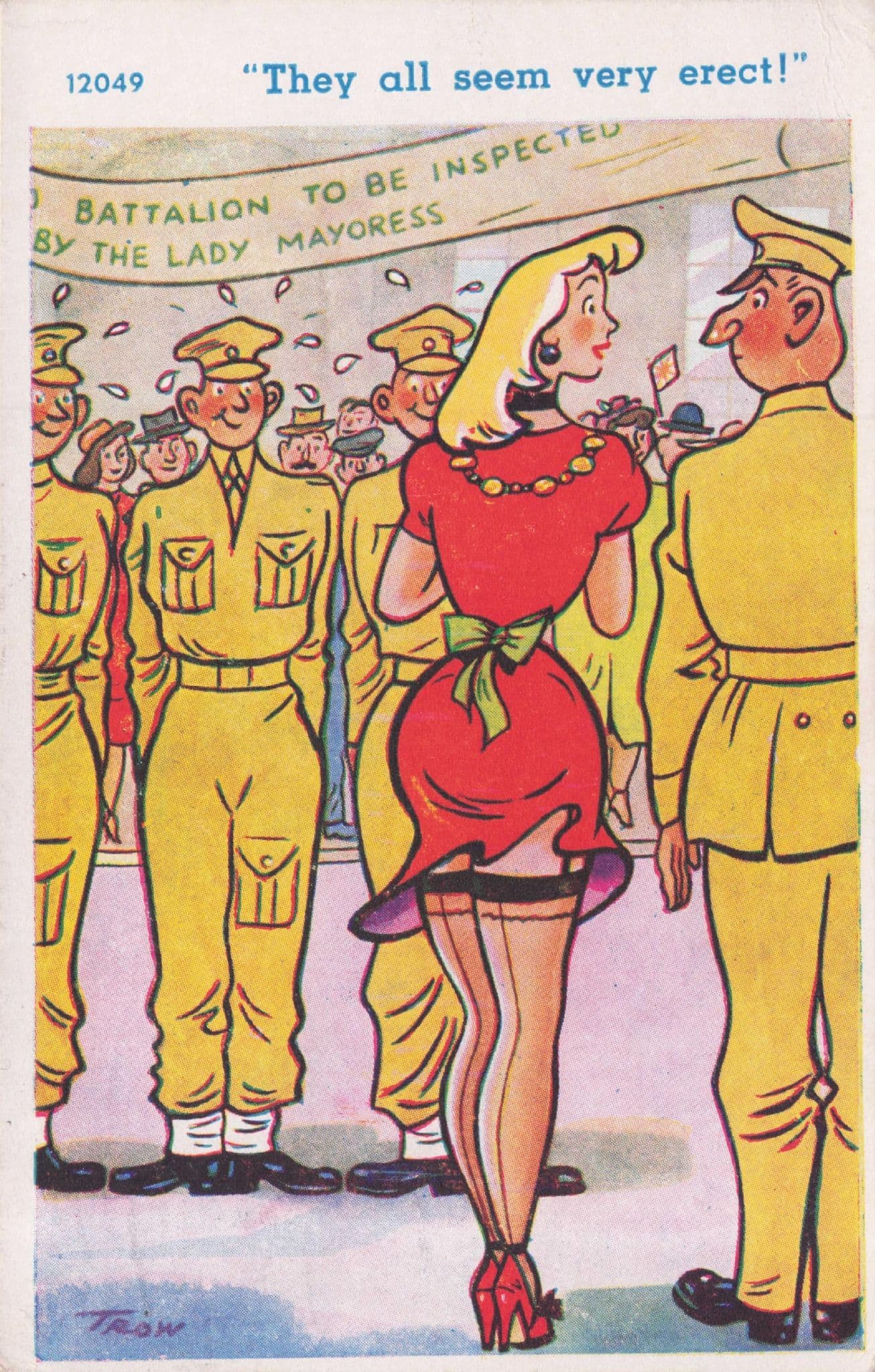 Lady Mayor Soldier Military Inspection Parade Old Comic Postcard