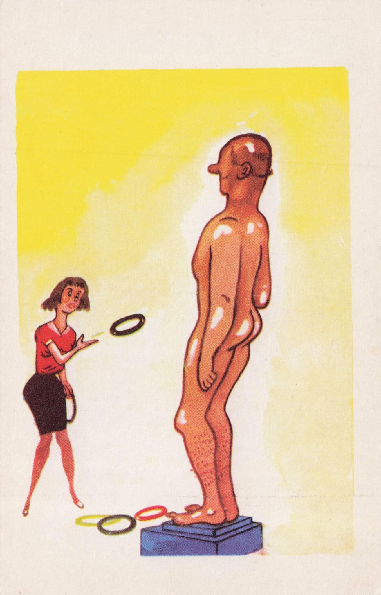 Lady Playing Frisbee Hula Hoop On Statue Risque 1970s Comic Postcard