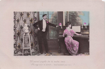 Lady Playing Romantic Piano By Old Bust StatueFrench Secret Code Lovers RPC Old Postcard