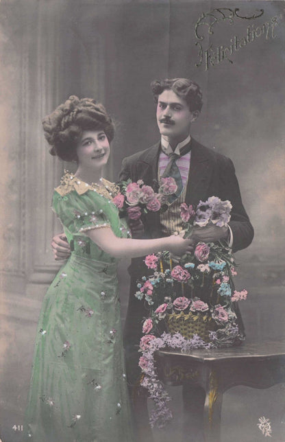 Lady Siren Green Dress Flower Basket Real Glitter Secret Code Old French Glamour Postcard