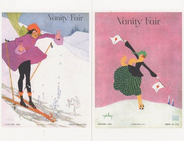 Lady Skiing Christmas Love Heart Flags 2x Art Deco Painting Postcard s