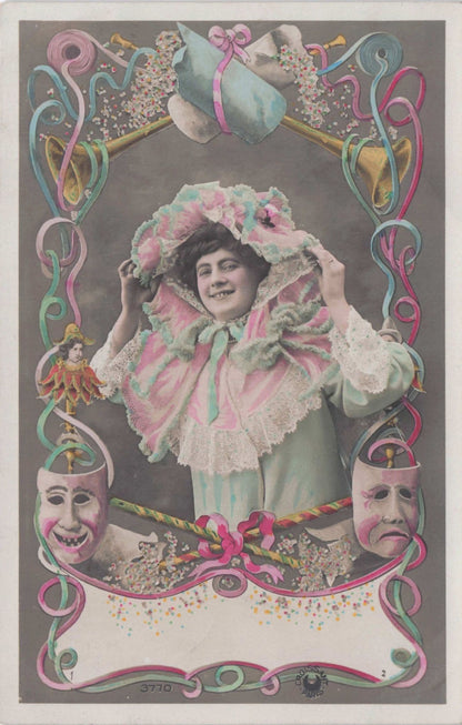 Lady Theatre Mask Toy Puppet Glamour French Secret Code Postcard