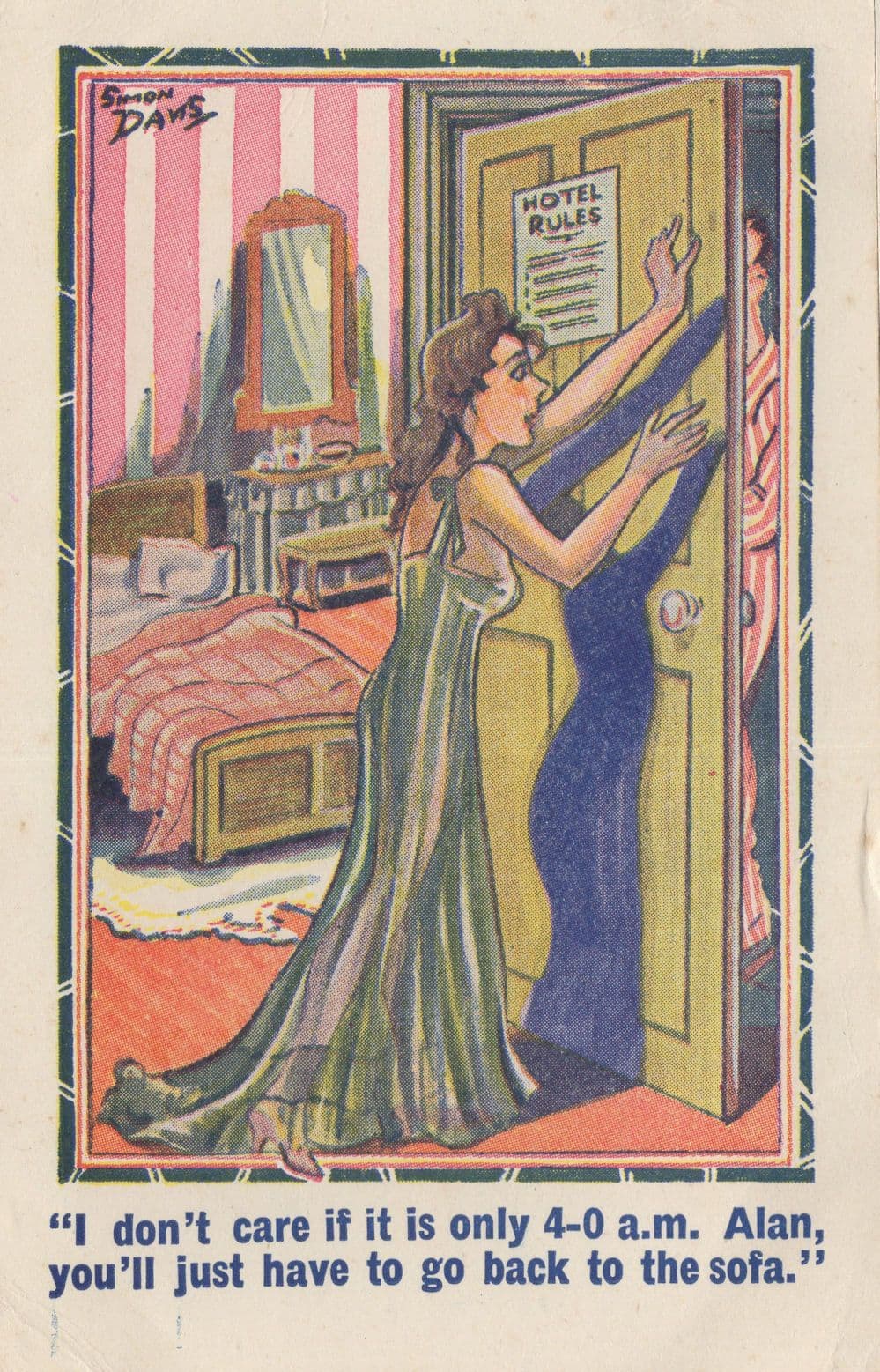Lady Throws Man Out Of Hotel Room Rules Henpecked Old Comic Postcard