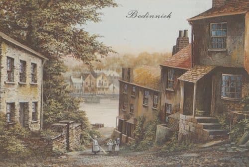 Lady with Huge Cornish Sweeping Broom Bodinnick Village Cornwall Postcard