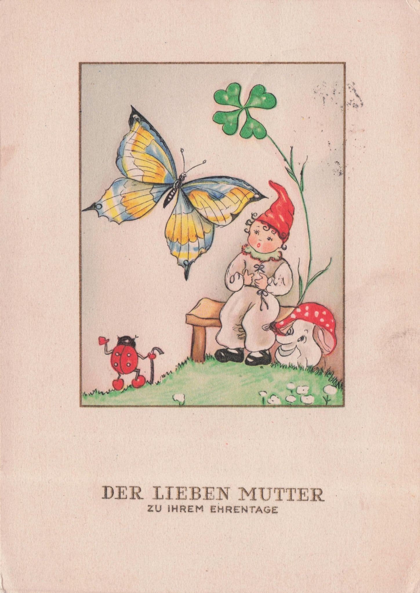 Ladybird With Walking Stick Insect Garden Gnome German Comic Postcard