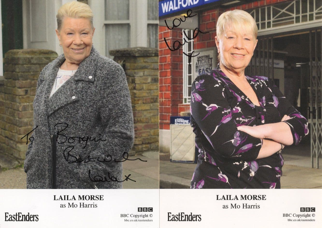 Laila Morse BBC Eastenders 2x BBC Hand Signed Cast Card Photo s