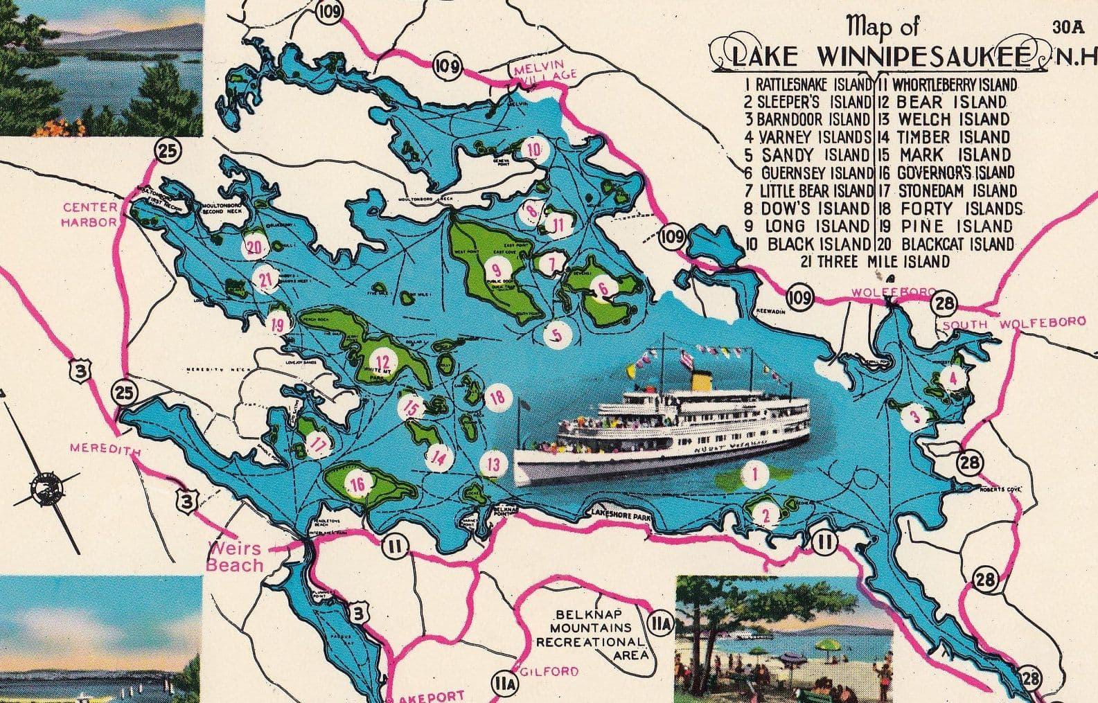 Lake Winnipesaukee Map Postcard