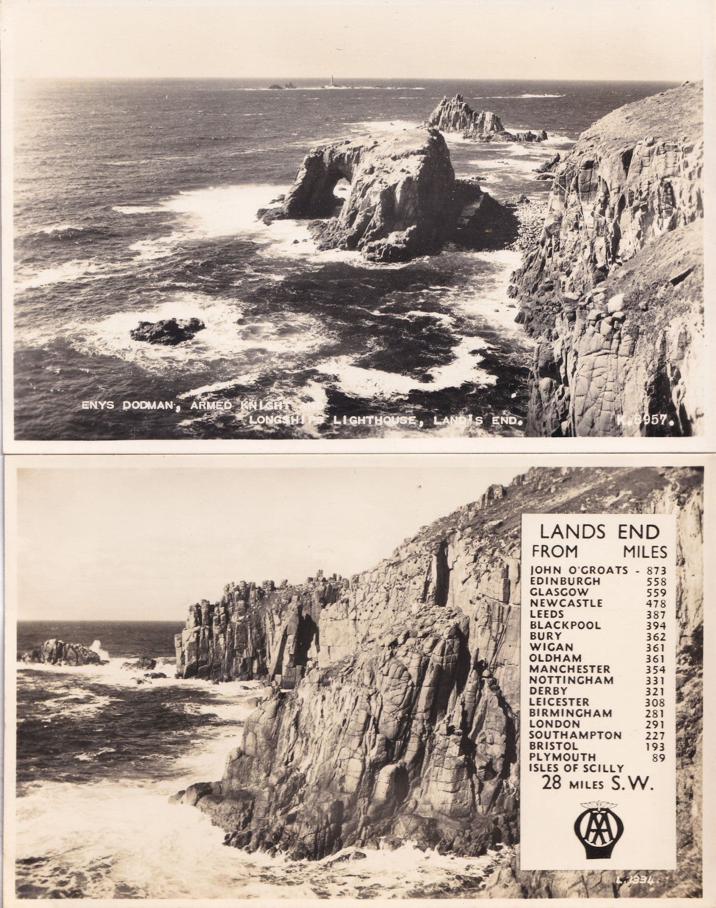 Lands End AA Automobile Association 2x Cornwall Real Photo Postcard s