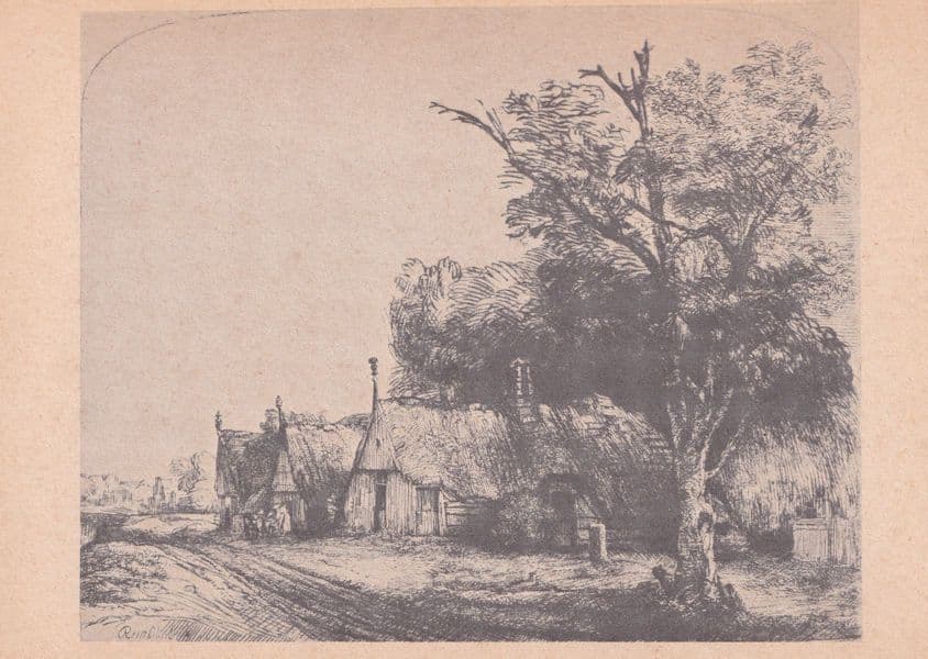 Landscape With Three Gabled Cottages Old Painting Postcard