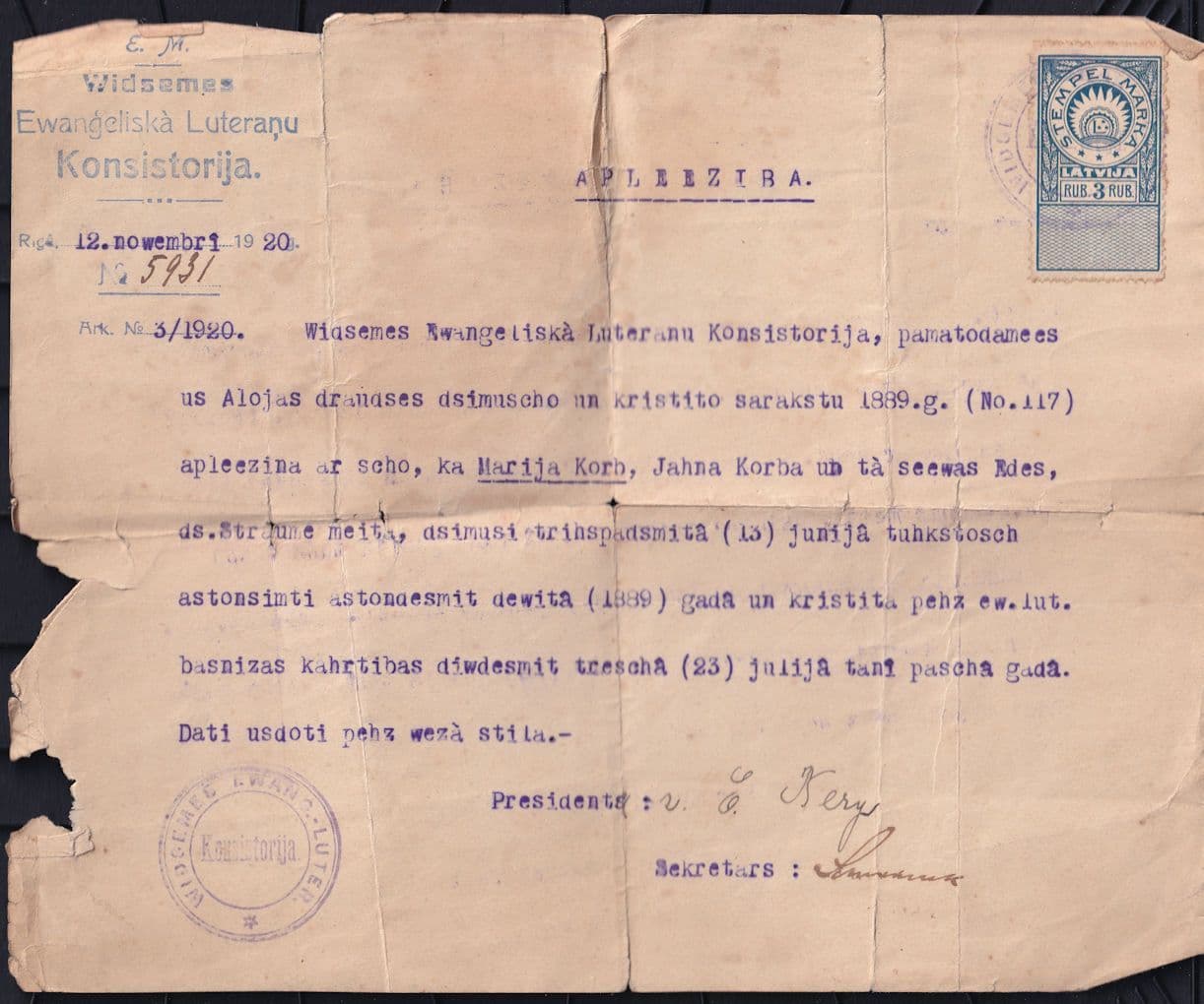 Latvia Antique 1920 Document Konsistorija Lithuania Papal