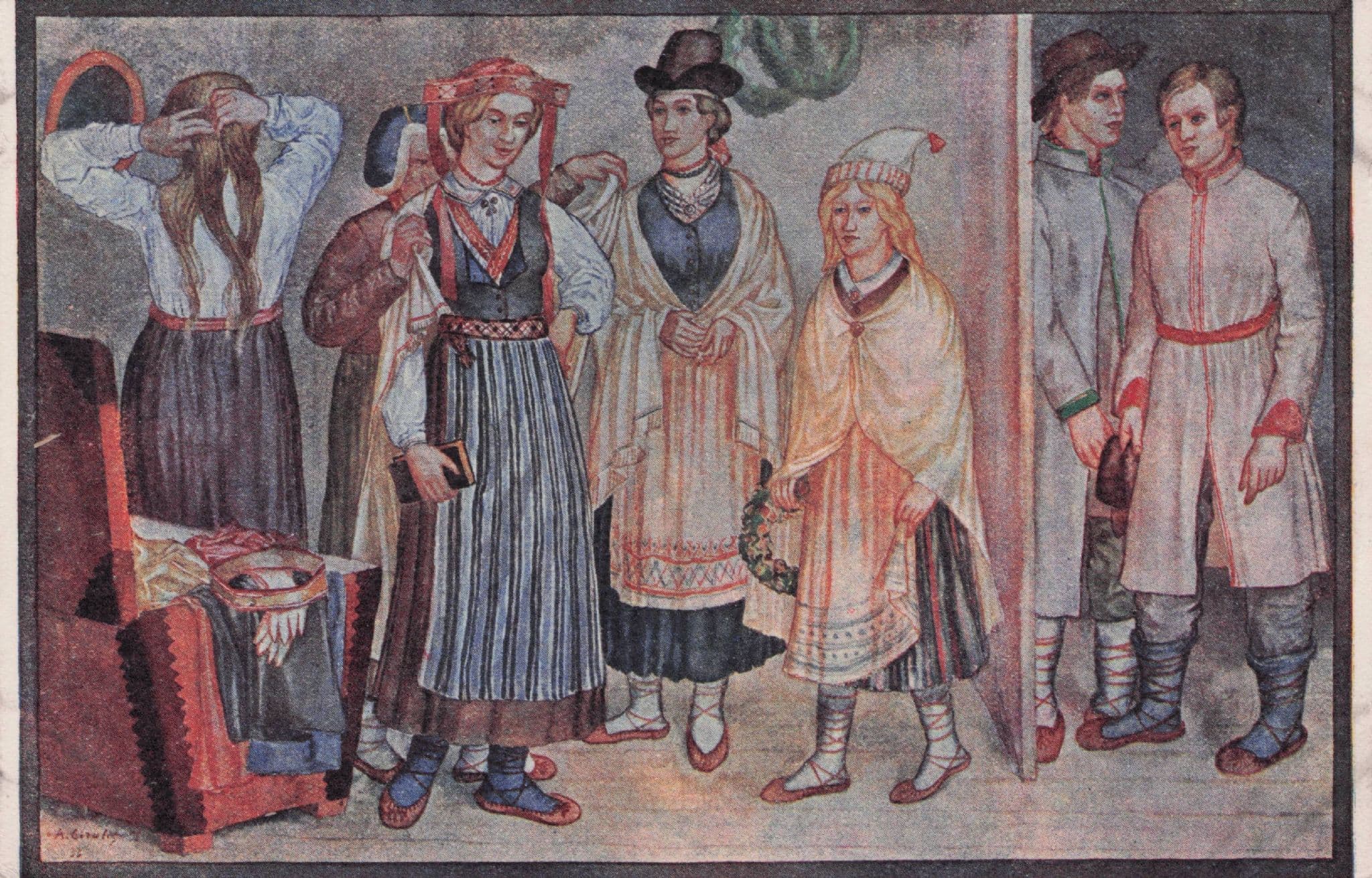 Latvian National Dresses Livonia Rujiene Costume Old Postcard