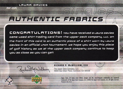 Laura Davies Authentic Fabrics Singles 2003 Golf Upper Deck Worn Shirt Card