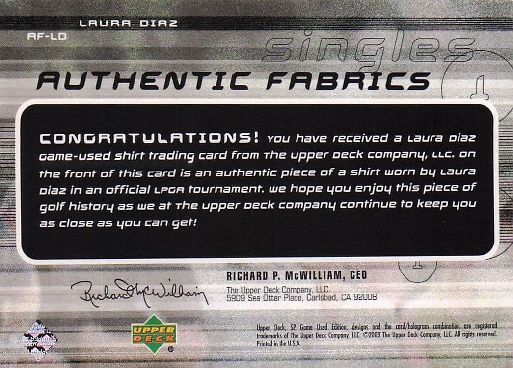 Laura Diaz Authentic Fabrics Singles 2003 Golf Upper Deck Worn Shirt Card