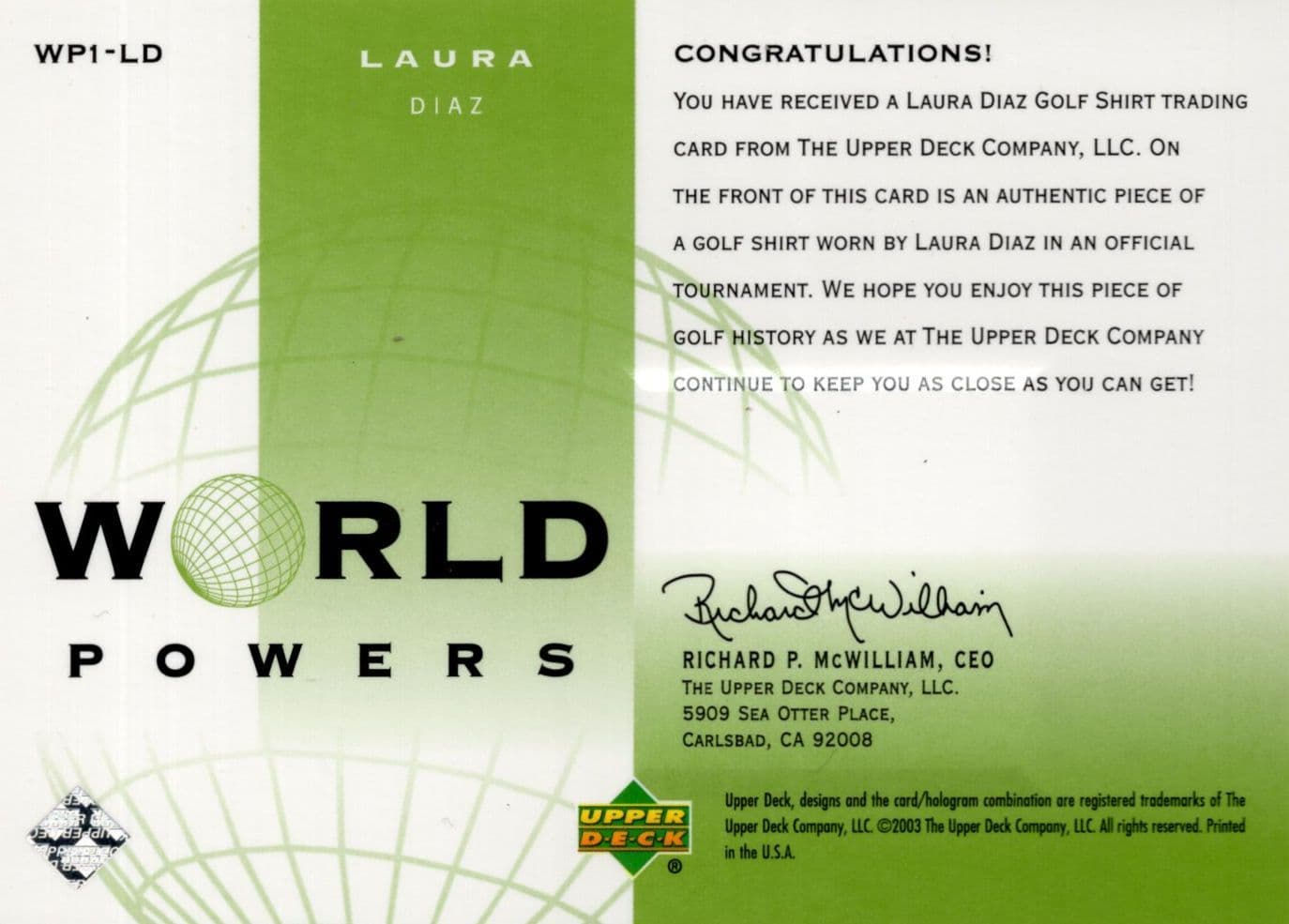 Laura Diaz Authentic World Powers Golf Upper Deck Relic Shirt Card