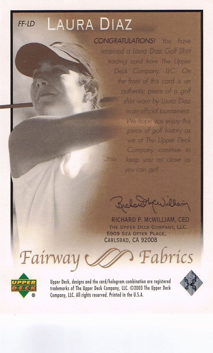 Laura Diaz Fairway Fabrics 2003 Real Golf Shirt Relic Trade Card