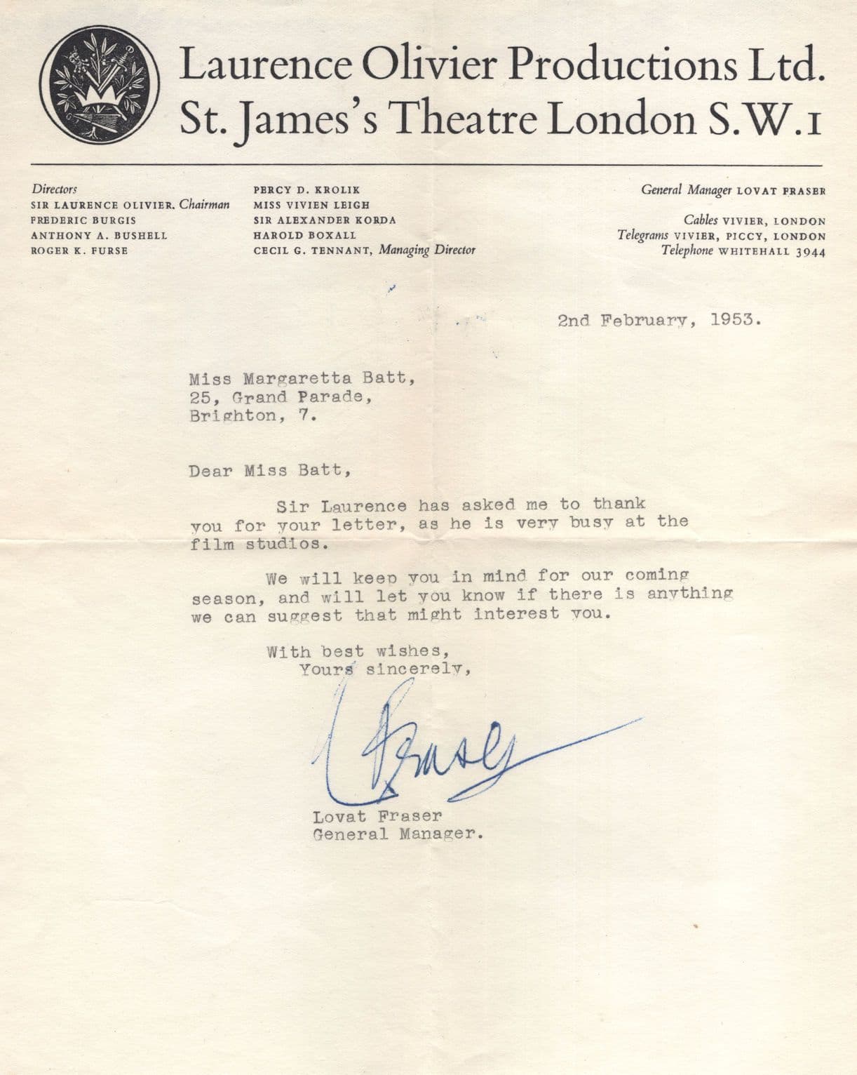 Laurence Olivier Personal Manager Hand Signed 1953 London Letter