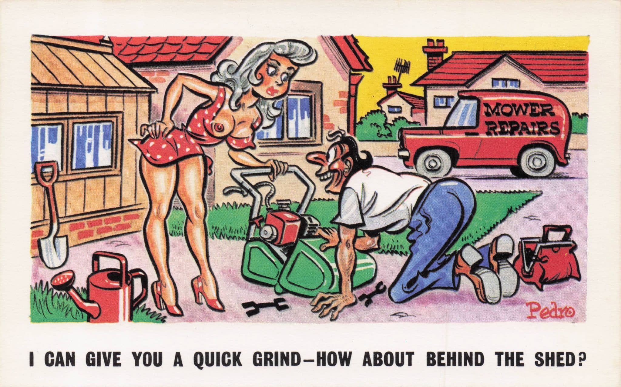 Lawnmower Repair Engineer Garden Sexy Lady Comic Postcard