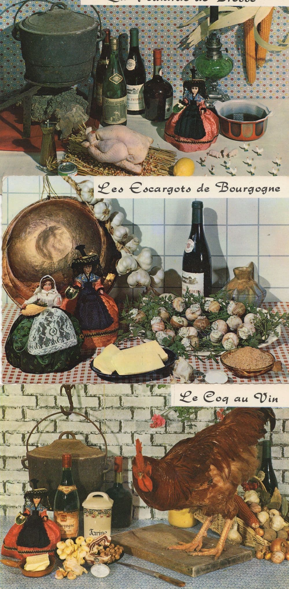 Le Coq Au Vin Les Escargots De Borgogne 3x French Food Postcard s