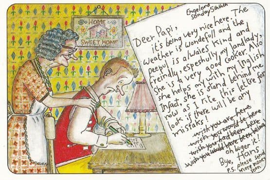 Learn English Landlady Helps Man Write Letter To Family Comic Humour Postcard