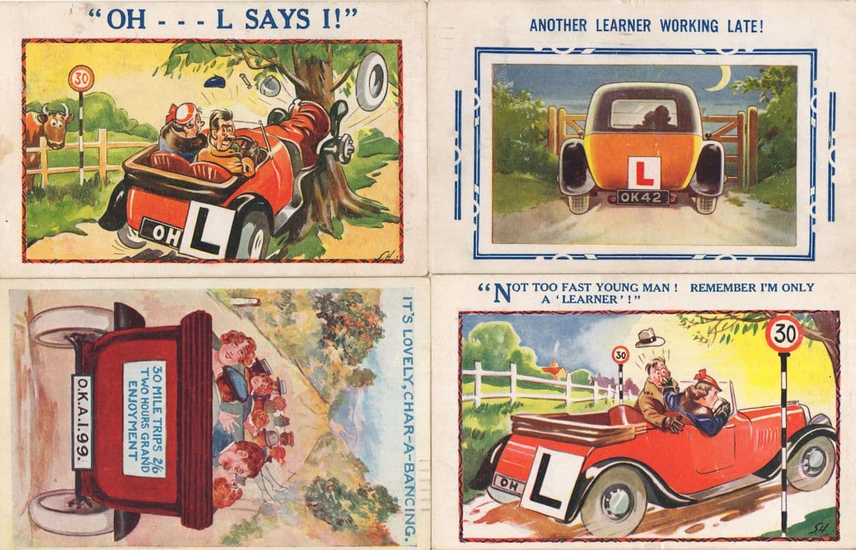 Learner Driver 4x Disaster L Plate Car Driving Old 1930s Comic Postcard s