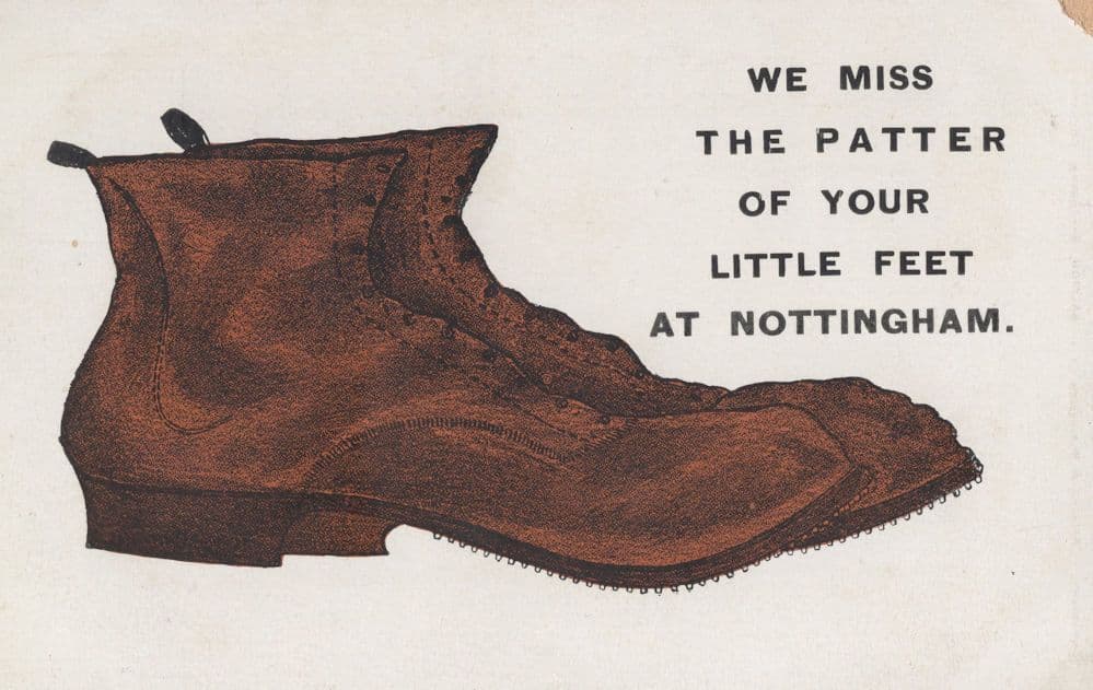 Leather Shoes Boots At Nottingham Patter Of Tiny Feet Comic Postcard