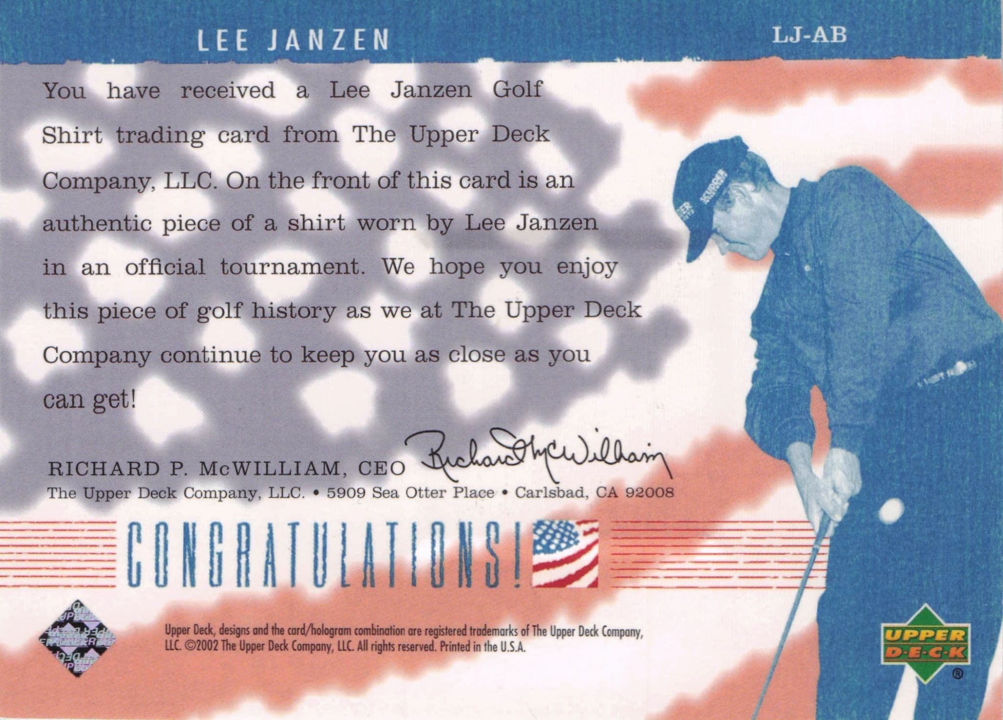 Lee Janzen America's Best 2002 Upper Deck Real Worn Golf Shirt Card