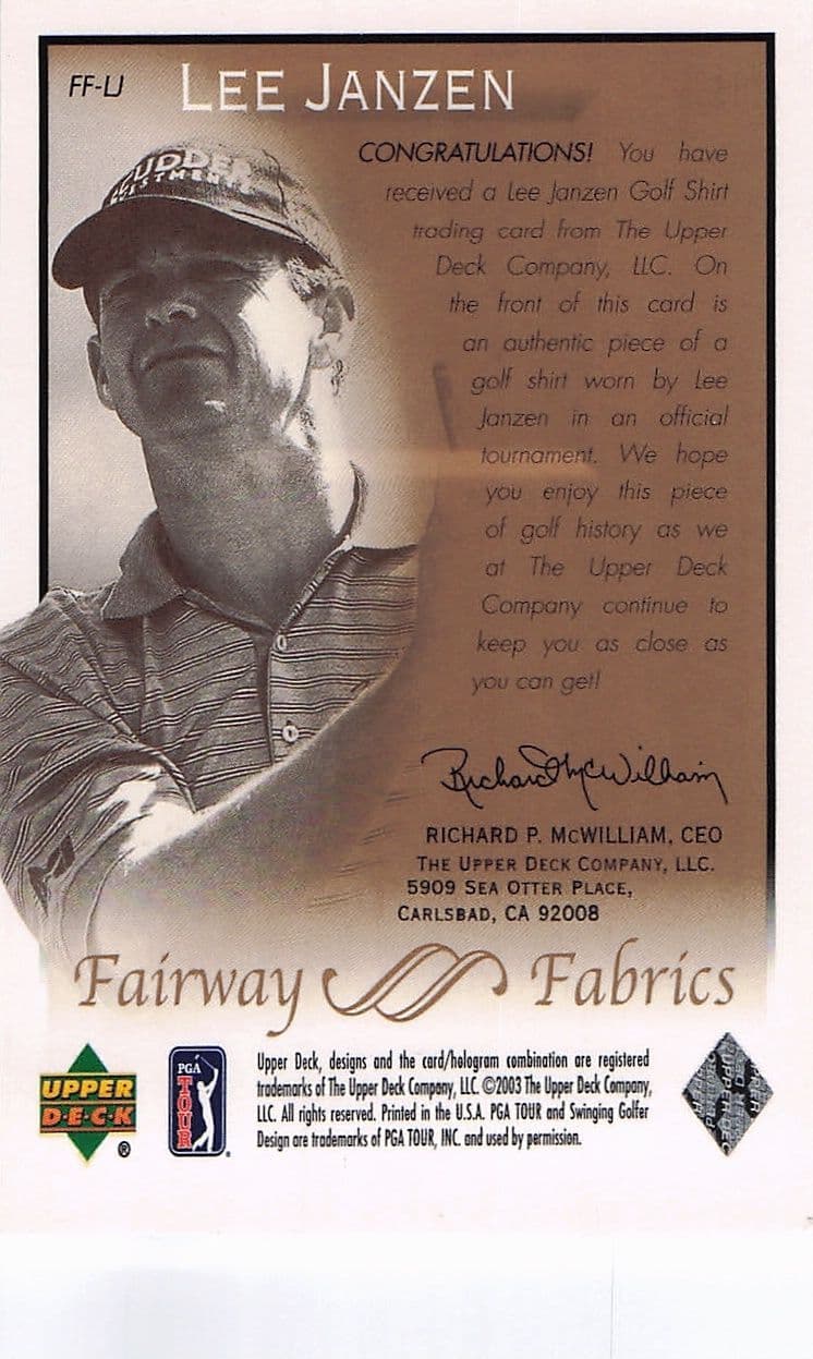 Lee Janzen Fairway Fabrics 2003 Real Golf Shirt Relic Trade Card