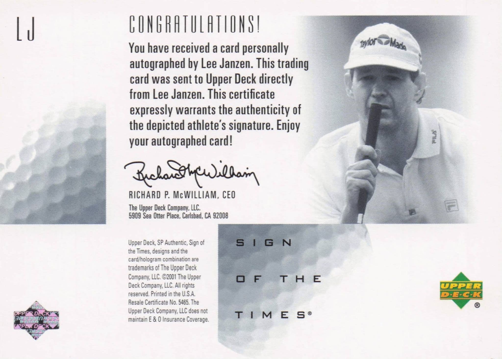Lee Janzen Sign Of The Times Hand Signed 2001 SP Golf Autograph Card