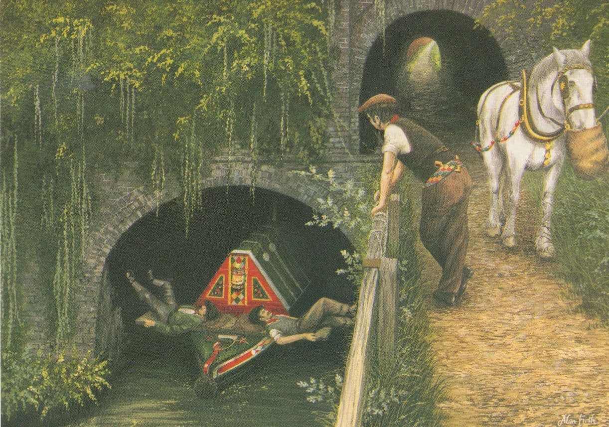 Legging a Boat Through Shrewley Tunnel Canal Painting Postcard