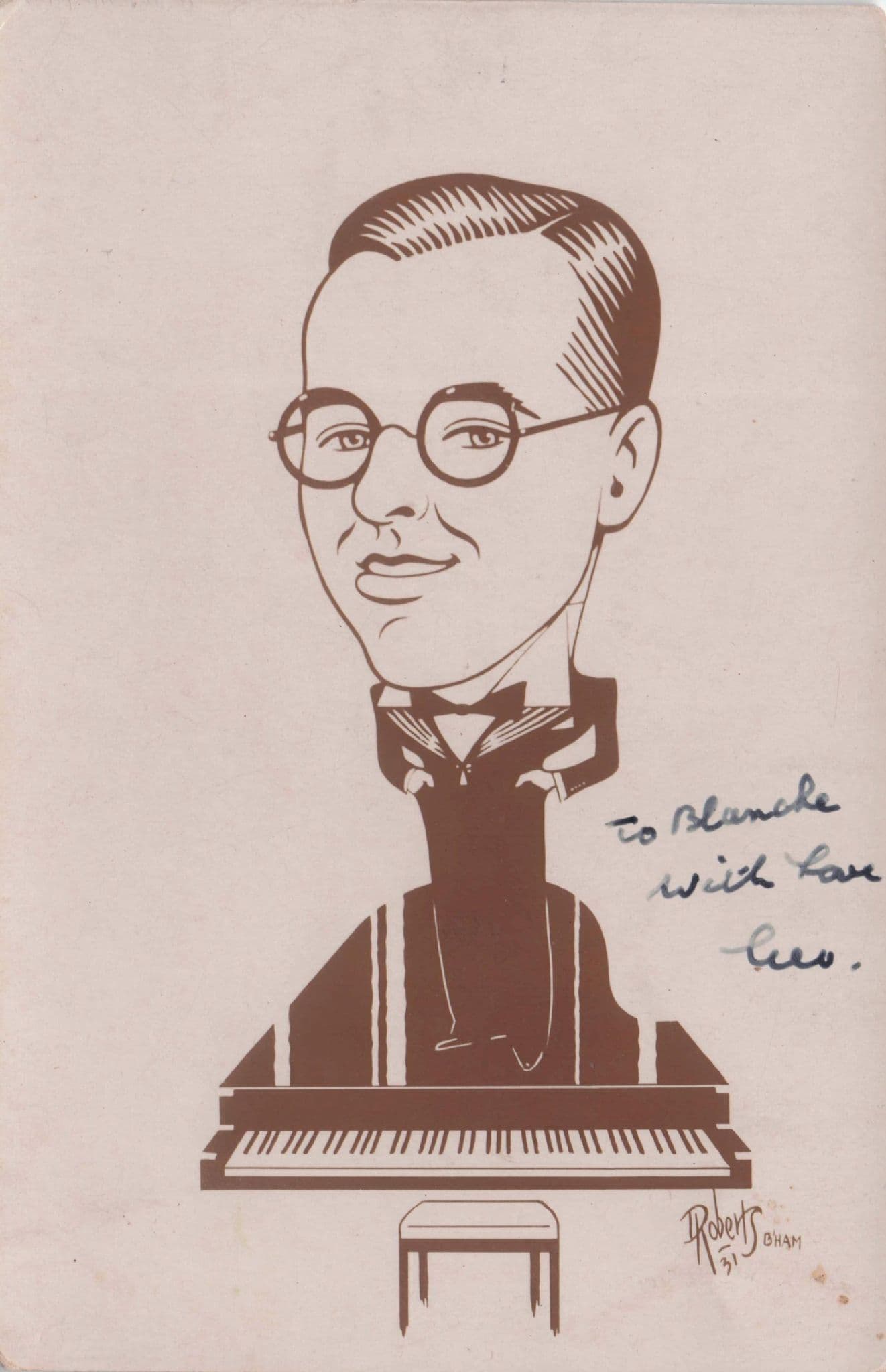 Leo Jazz Old Pianist Birmingham Caricature Hand Signed Autograph