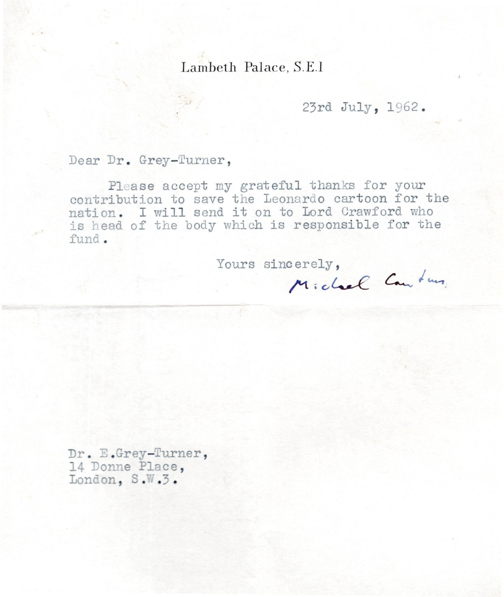 Leonardo Da Vinci Cartoon Antique Hand Signed Lambeth Palace London Letter