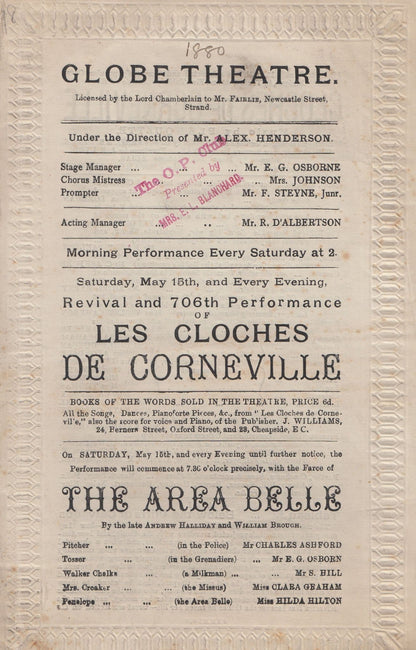 Les Cloches De Corneville Horror Clocks Globe Theatre 1880 Victorian Theatre Programme