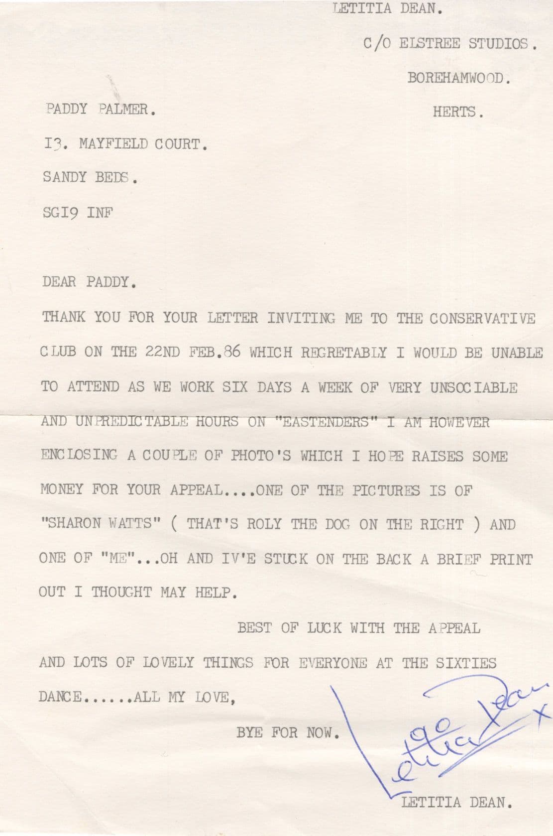 Letitia Dean Eastenders Conservative Club Hand Signed Letter